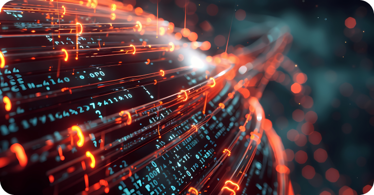 The image shows a futuristic, abstract representation of data flowing through a digital network. Bright orange lines and glowing dots resemble streams of information, curving around a spherical shape. Along the lines, sequences of binary code (numbers) are visible, giving the impression of rapid data transfer. The background is dark, with a soft, out-of-focus glow, enhancing the sense of movement and energy. The overall feel is high-tech and dynamic.